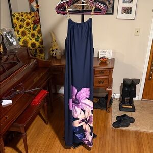 Nina Leonard Navy and Purple Floral Maxi Dress